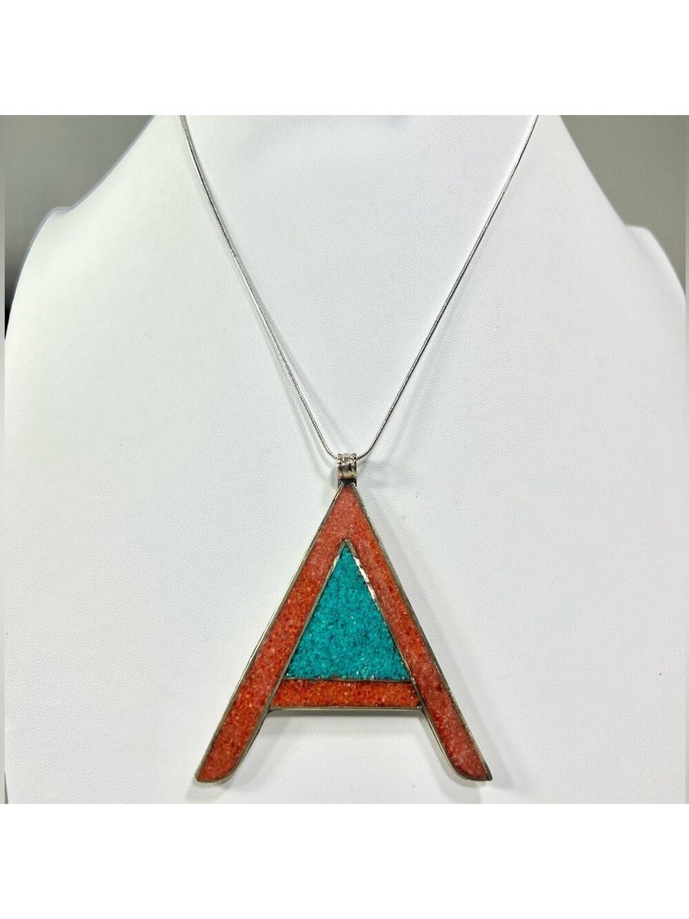 Tibetan Turquoise Coral 925 Large Letter A Initial Pendant